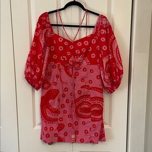 FARM Rio Octocool Puff-Sleeve Red and Pink Mini Dress
